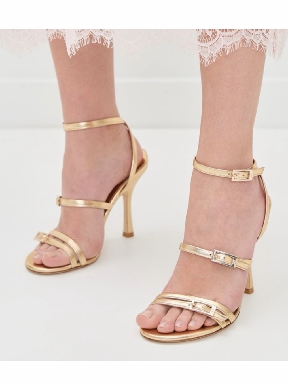 Stuart Weitzman Metallic Gold Strappy Stiletto Sandals